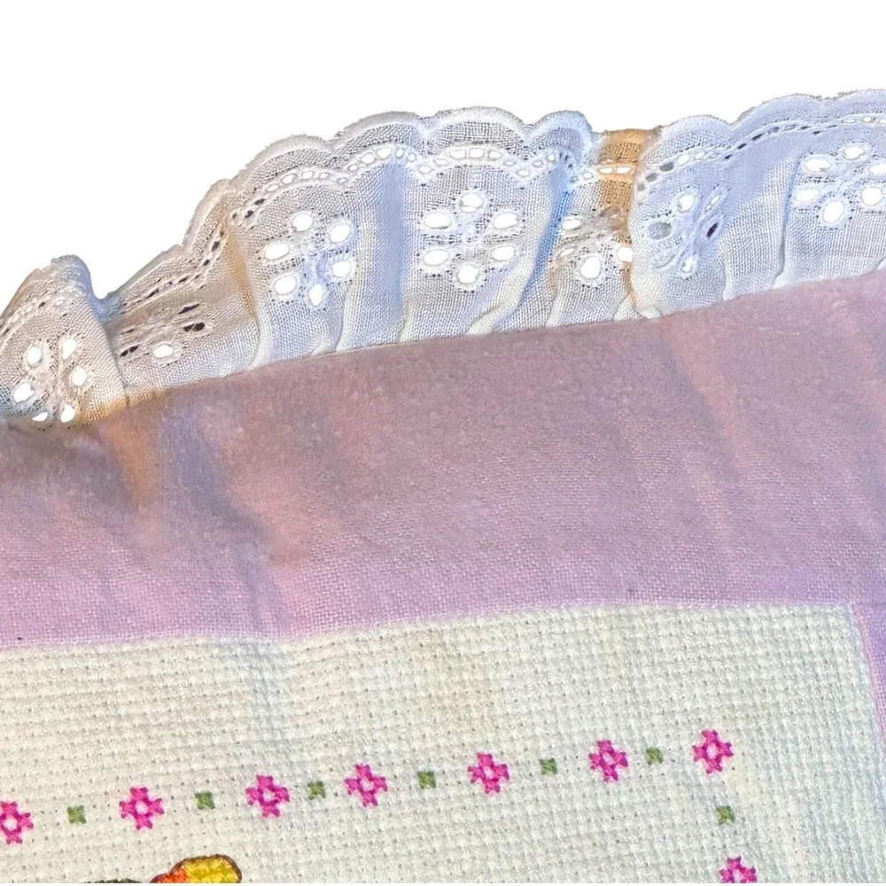 Vtg Handmade Puff the Magic Dragon Cross-stitch‎ Pillow Pink White Lace 13x13